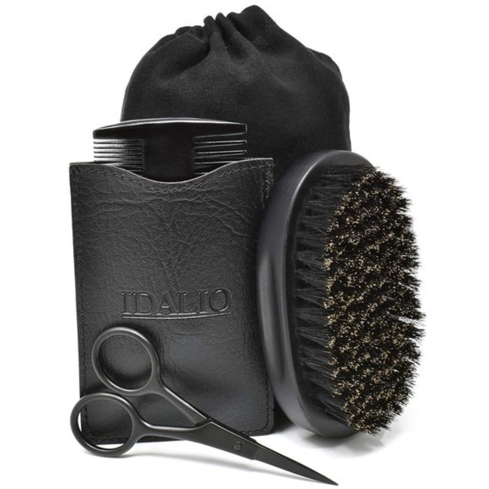 Beard Brush and Comb Set for Men Grooming with Natural Boar Bristle Beard Brush